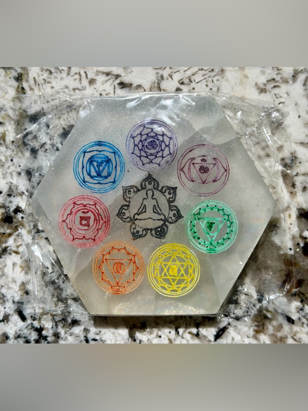 Selenite Charging Plate with Etched  Chakra Stations - 4”W x 3.5” W x .5” D